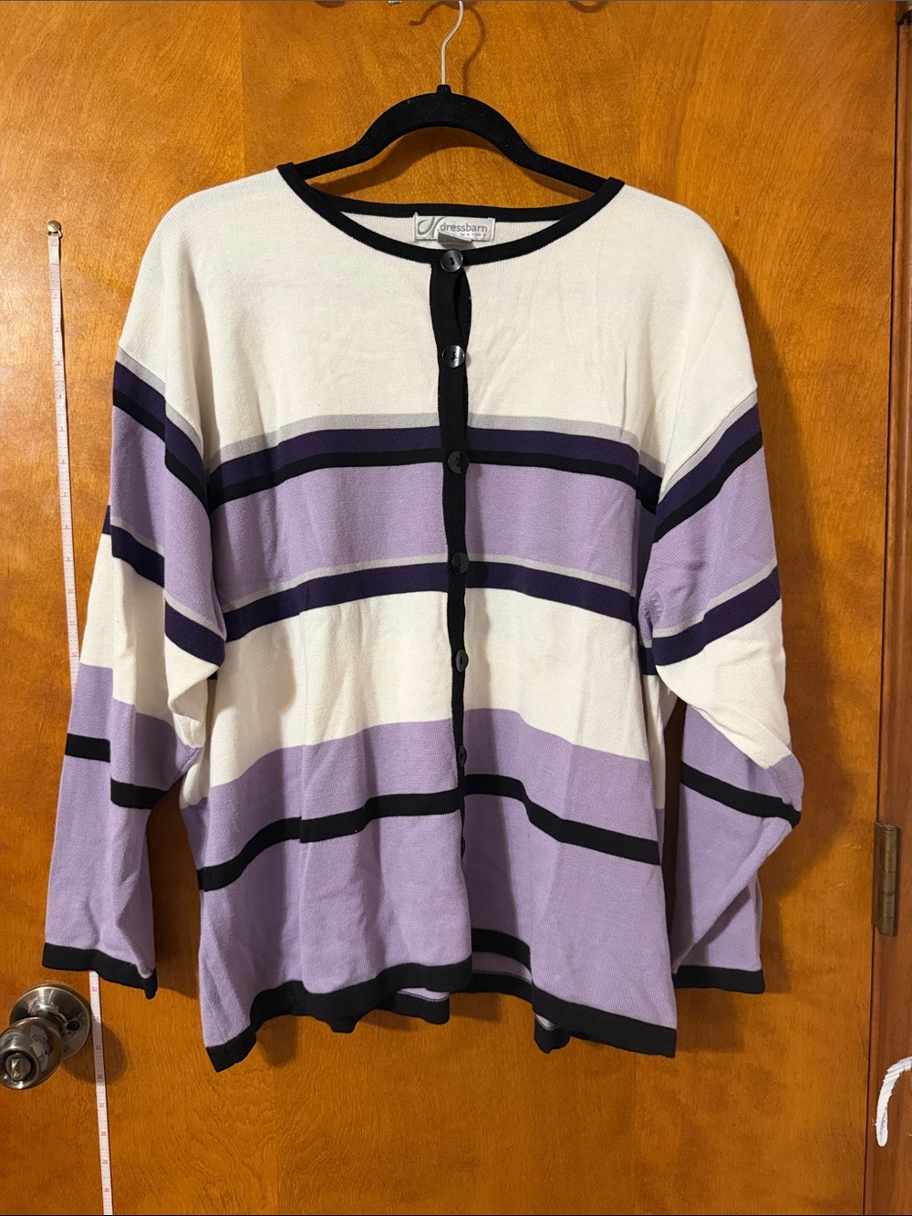 dressbarn Lavender, White & Black Striped Button-Front Sweater